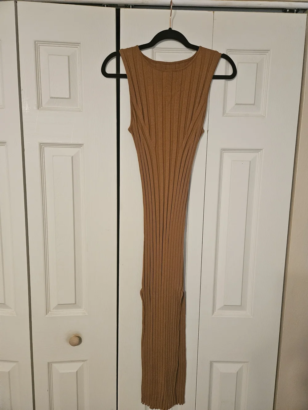 Sleeveless Ribbed Knit Dress in Caramel Brown - Picture 2 of 2